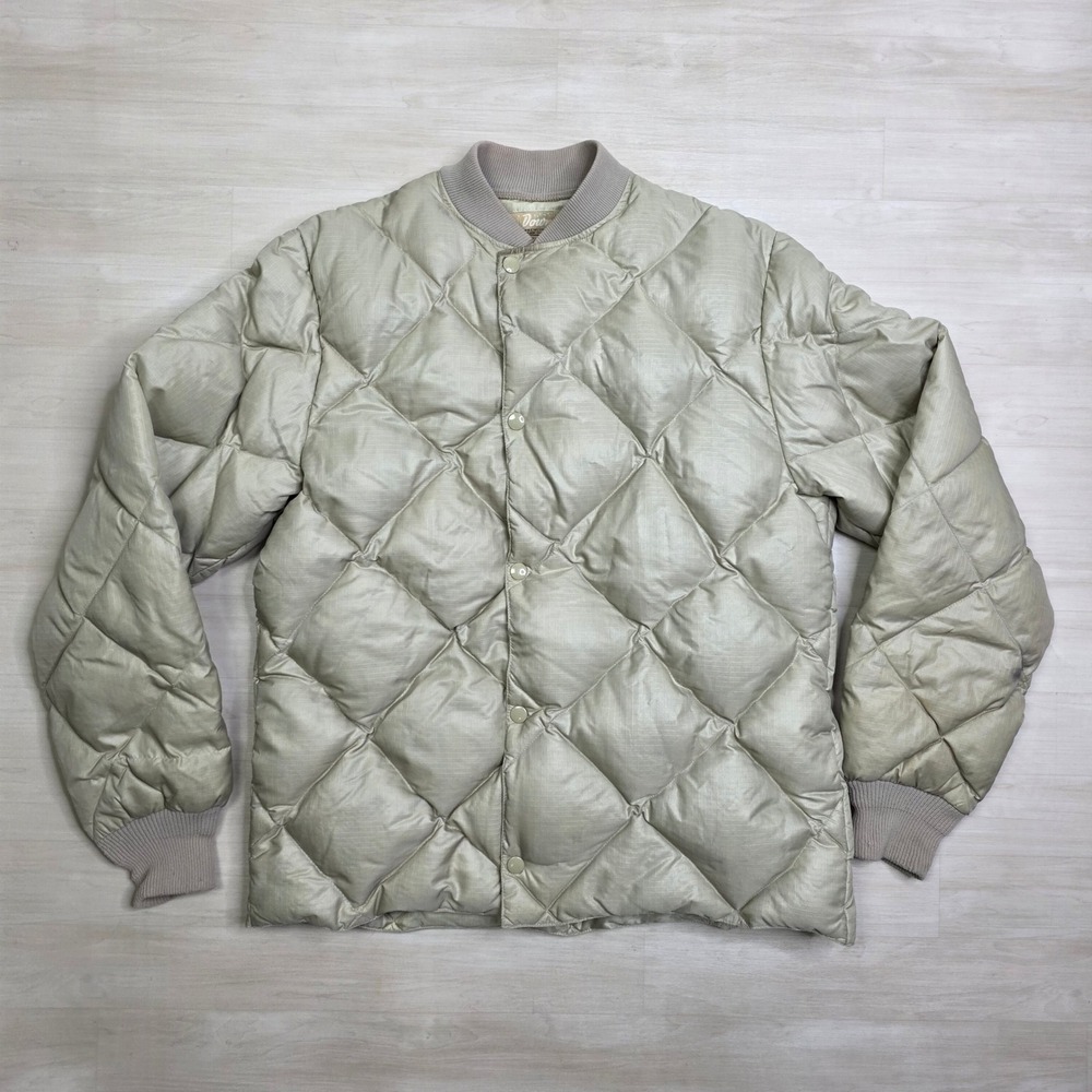 Vintage Eddie Bauer Goose Down Puffer Jacket Beige Diamond Quilt Mens Medium 70s